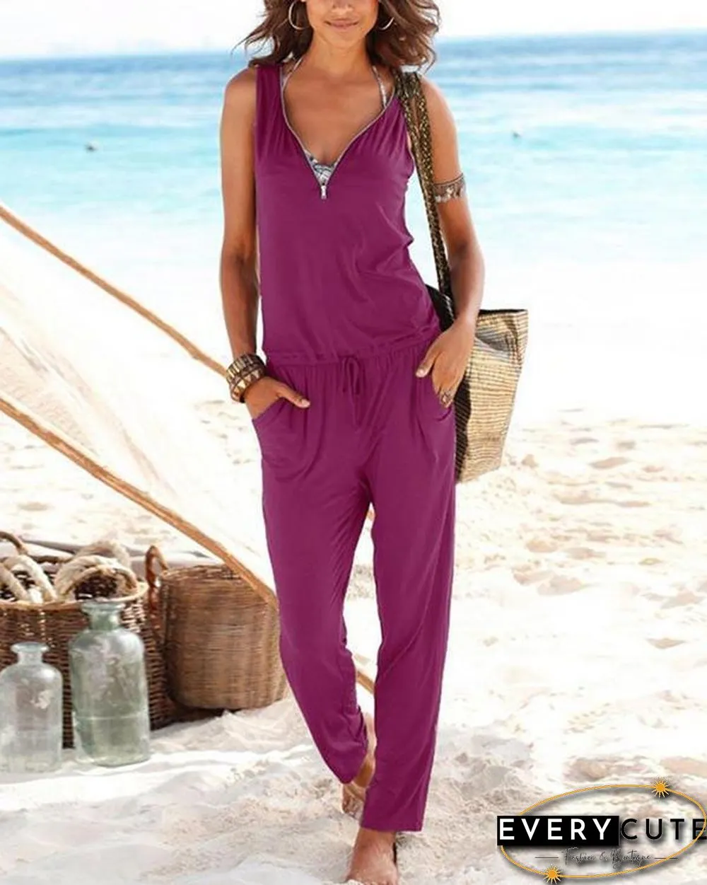 Zipper Drawstring Pockets Sleeveless Jumpsuit
