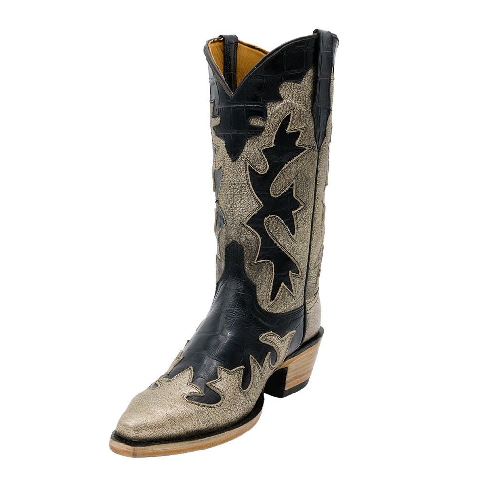 Gold & Black Block Heel Patchwork Snip Toe Western Boots for Women Nicepairs