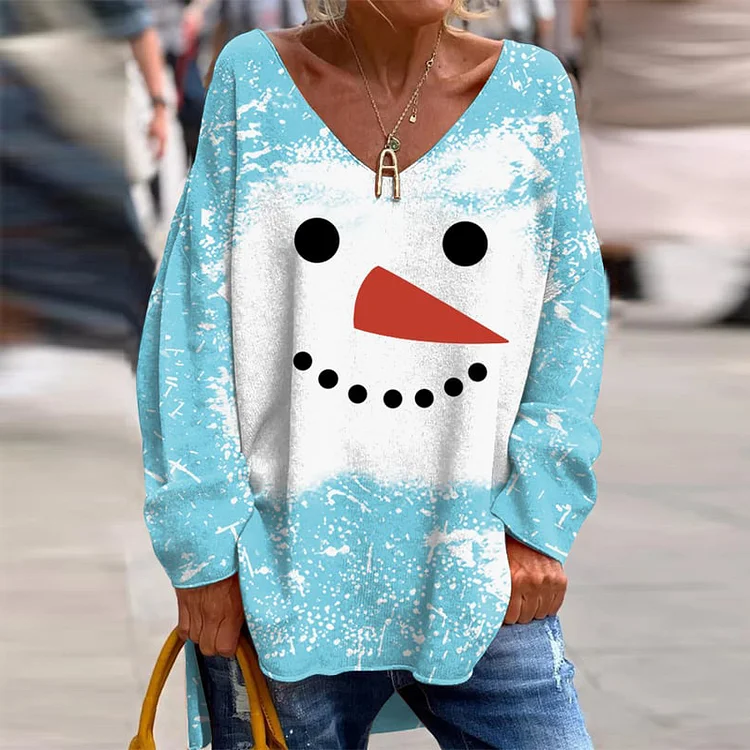 Comstylish Cute Christmas Snowman Print Casual V-Neck T-Shirt