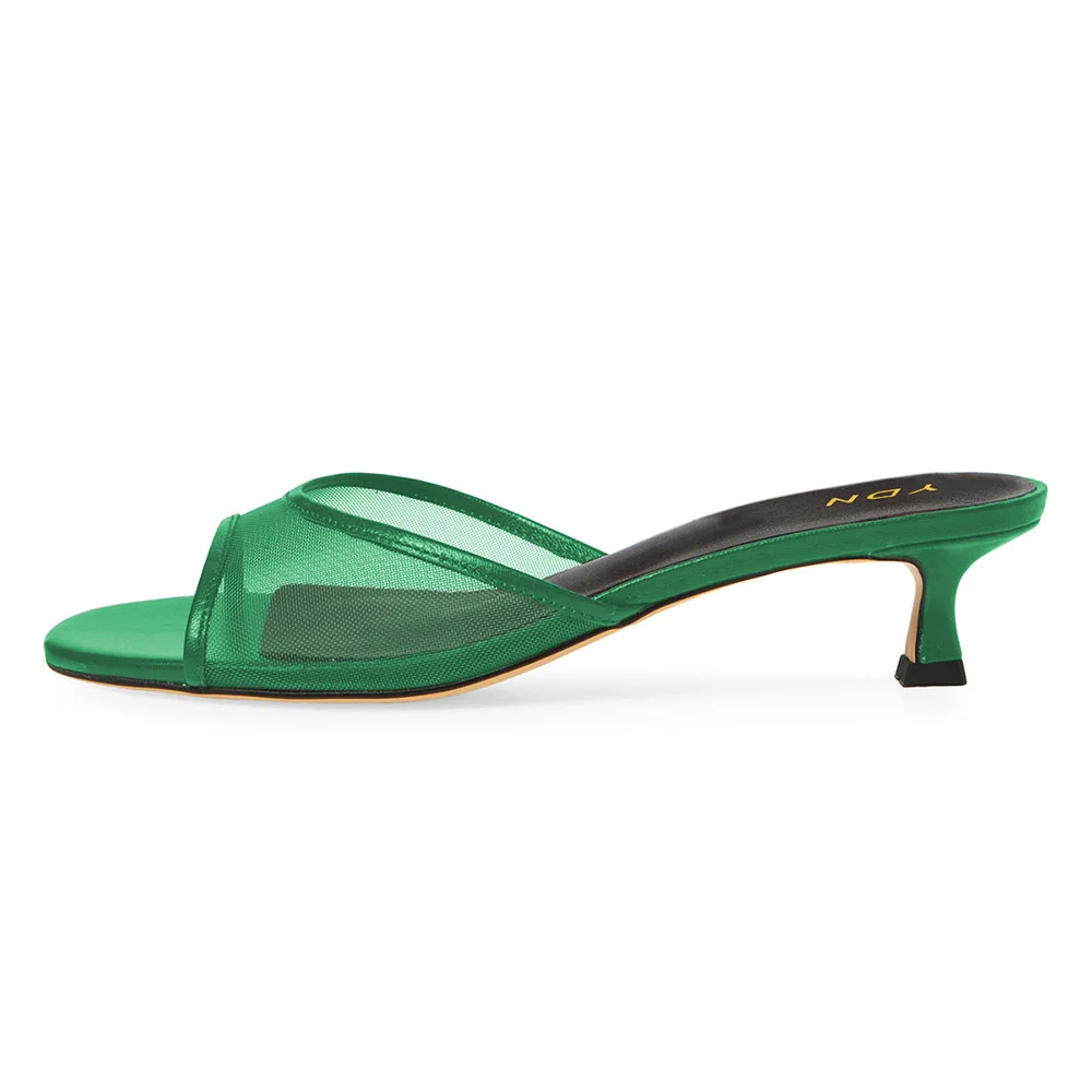 Green Mesh Open Round Toe Slip-On Kitten Heel Mules Sandals