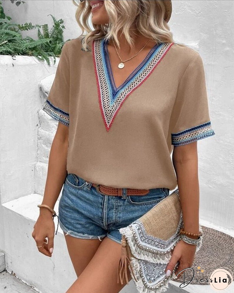 Women's V-neck lace casual solid color shirt