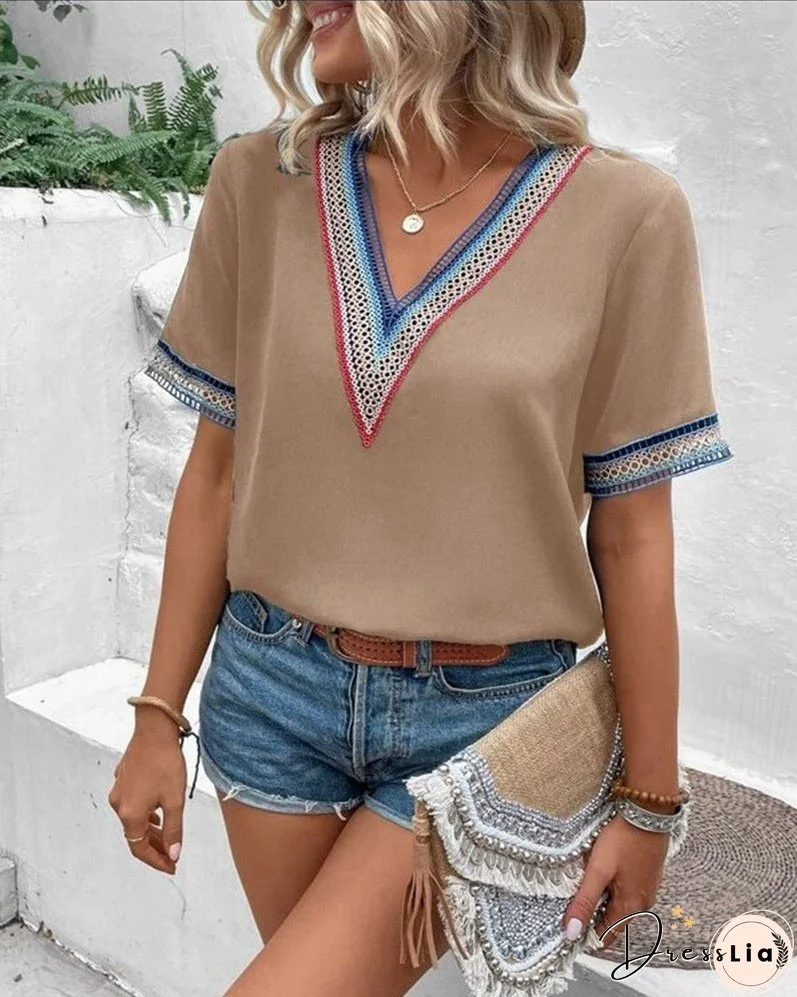 Women's V-neck lace casual solid color shirt