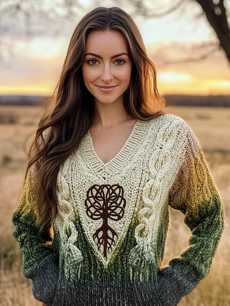 Irish Tree Of Life Pattern Women's Gradient V-neck Sweater