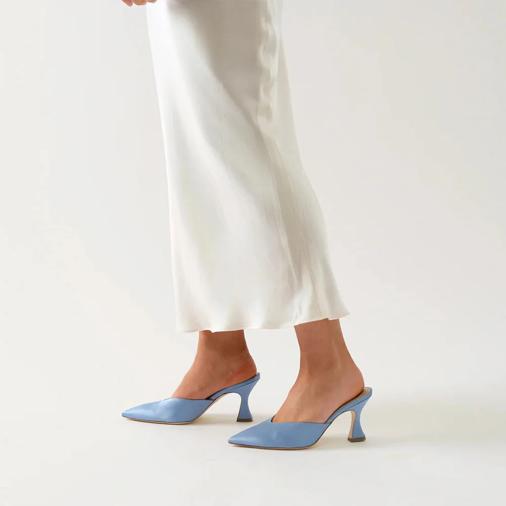 Fashion Blue Closed Pointed Toe Open Back Slip On High Heel Mules