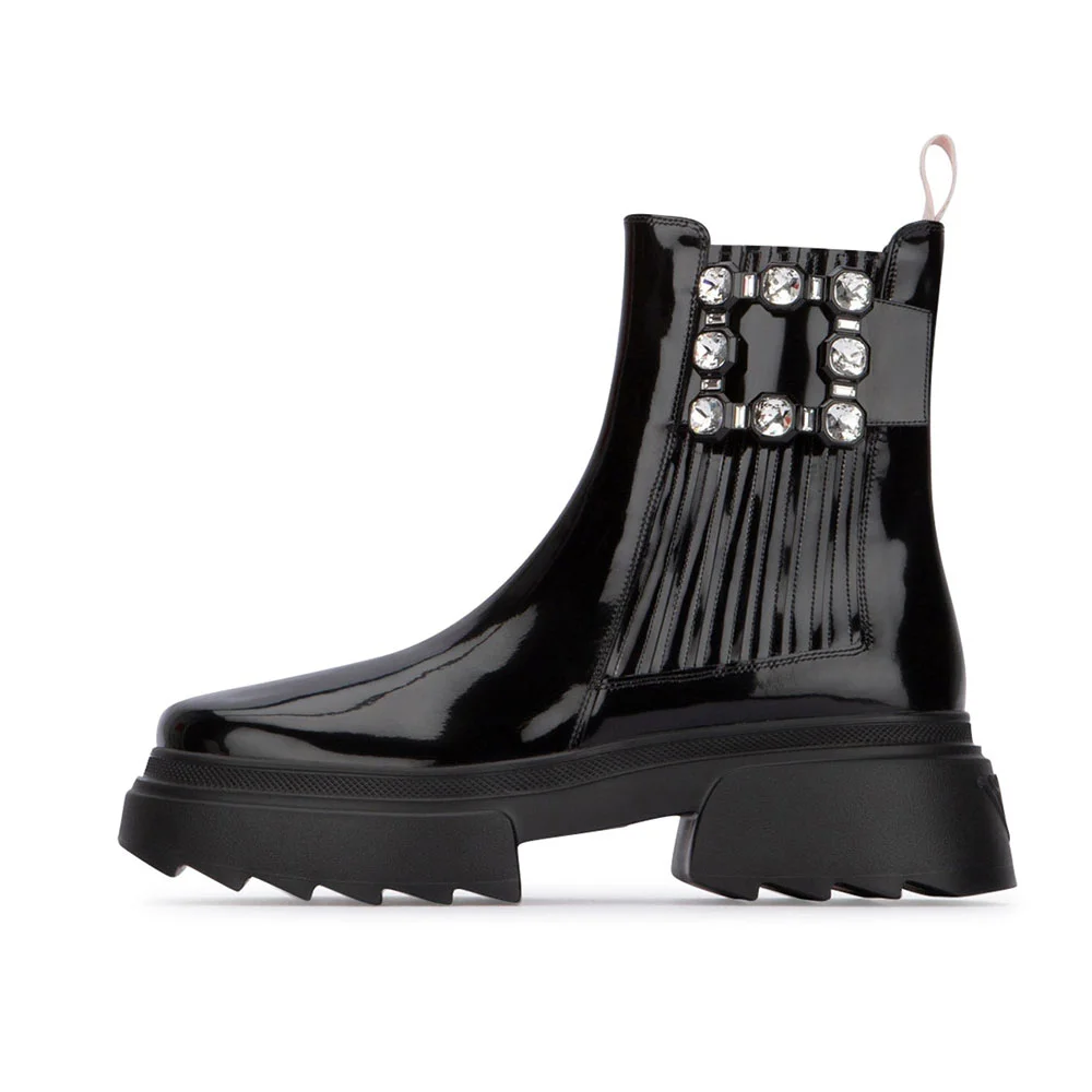 Women's Black Round Toe Platform Block Heel Rhinestone Ankle Boots