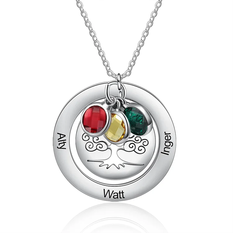 Personalised Family Tree Necklace with 3 Birthstones Engraved Names Gift For Women