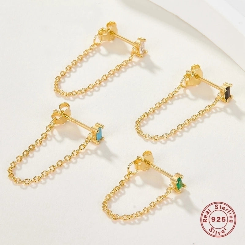 1 Pair 925 Sterling Silver Zircon Chain Drop Earrings