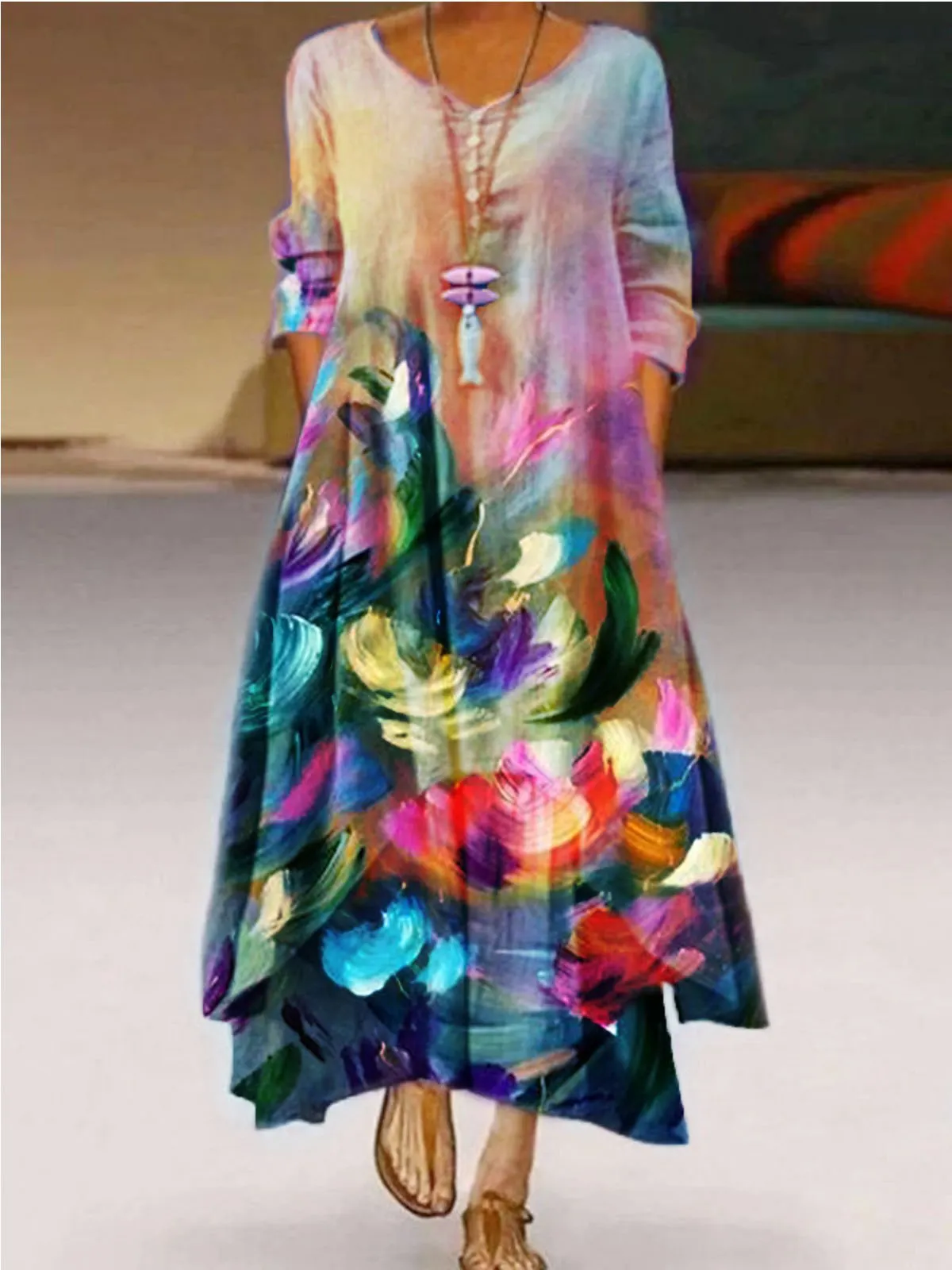 Casual 3/4 Sleeve Printed Weaving Dress