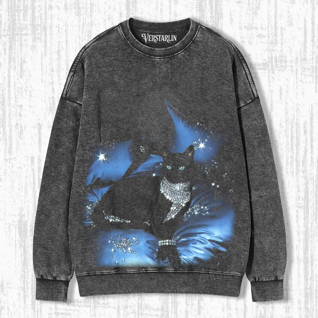 Vintage Washed Cat Print Crewneck Long Sleeve Sweatshirt