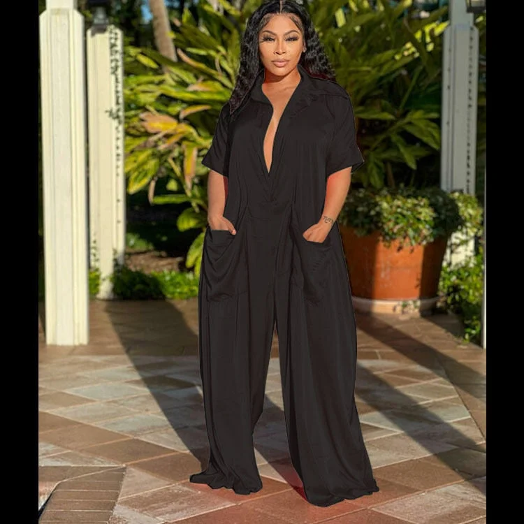 CM.YAYA Women Solid Short Sleeve Turn-down Neck Loose Wide Leg Straight Jumpsuit Vintage Streetwear 2022 Overall Outfits