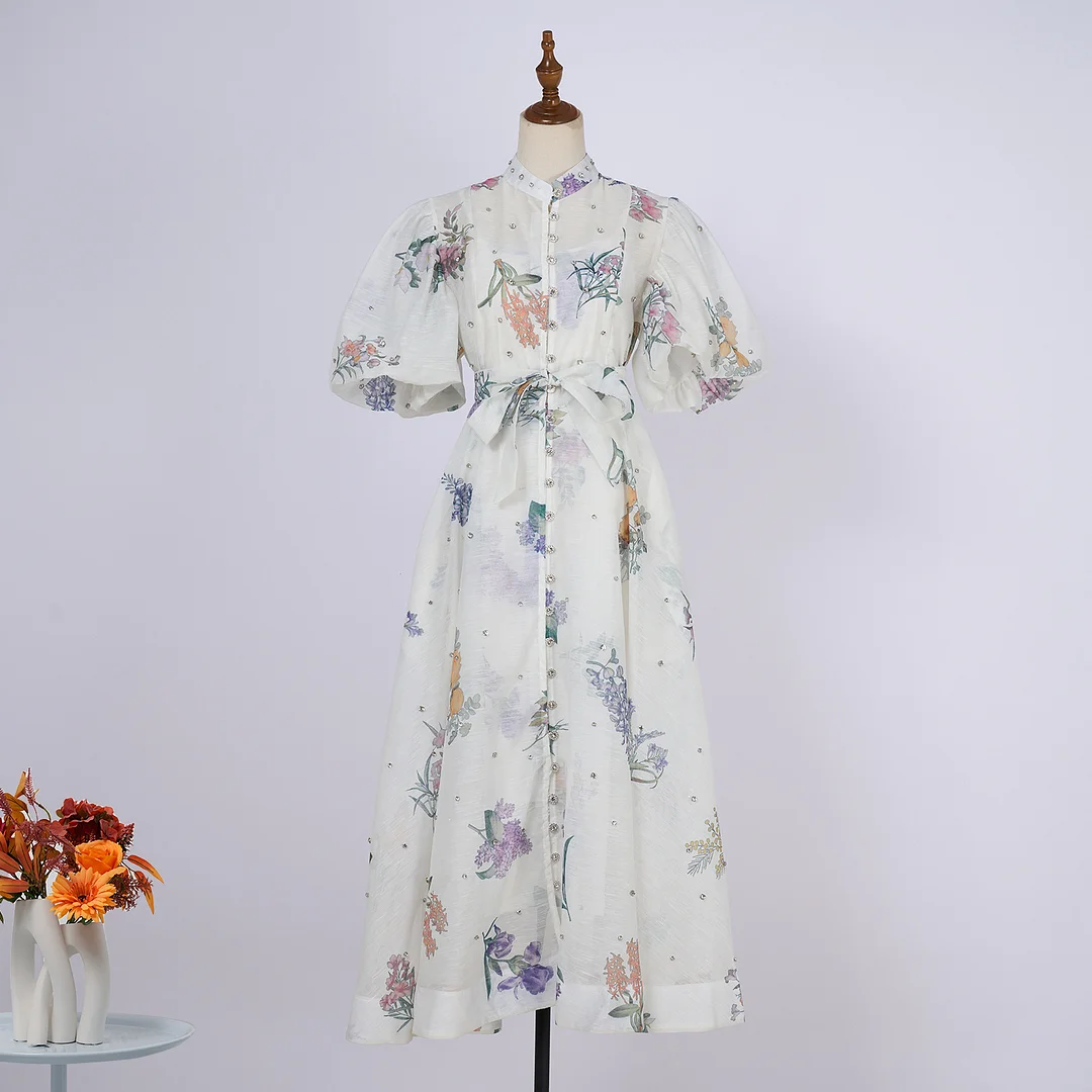 Nigikala Nigikala Court Style High Design Feeling Heavy Industry Nail Drill Short Sleeve Single Buckle Dress + Sling