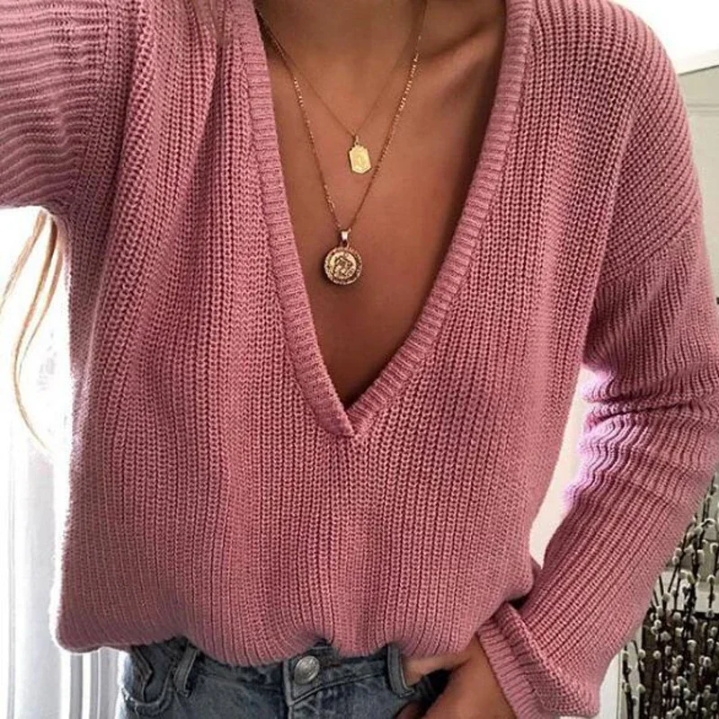 Women's Casual Solid Color V-neck Long Sleeve Knitted Sweater