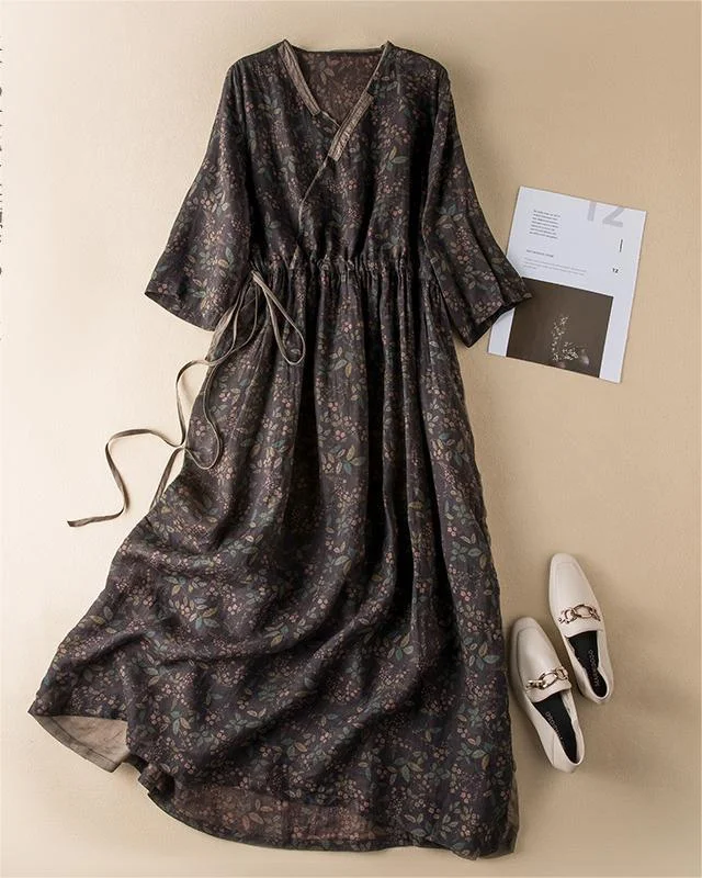 V-neck Floral Art Retro Short Sleeved Contrasting Color Long Skirt