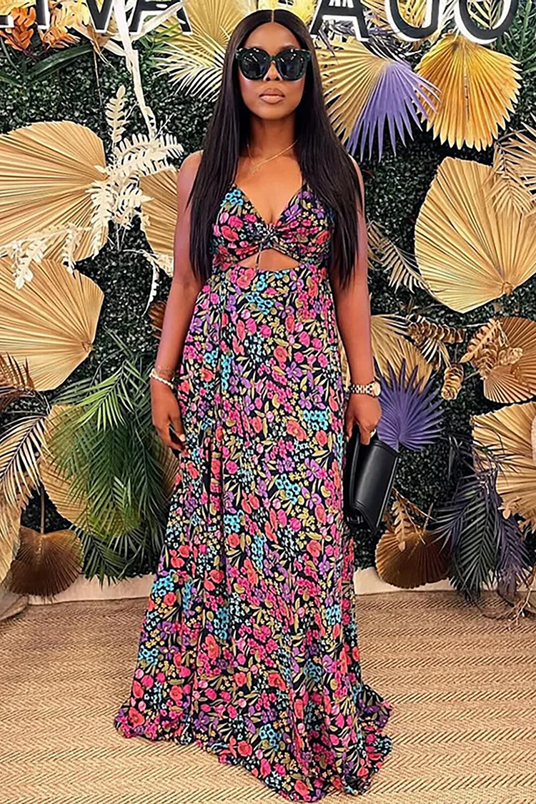 V Neckline Cutout Floral Print Slit Hem Slip Maxi Dresses-Pink