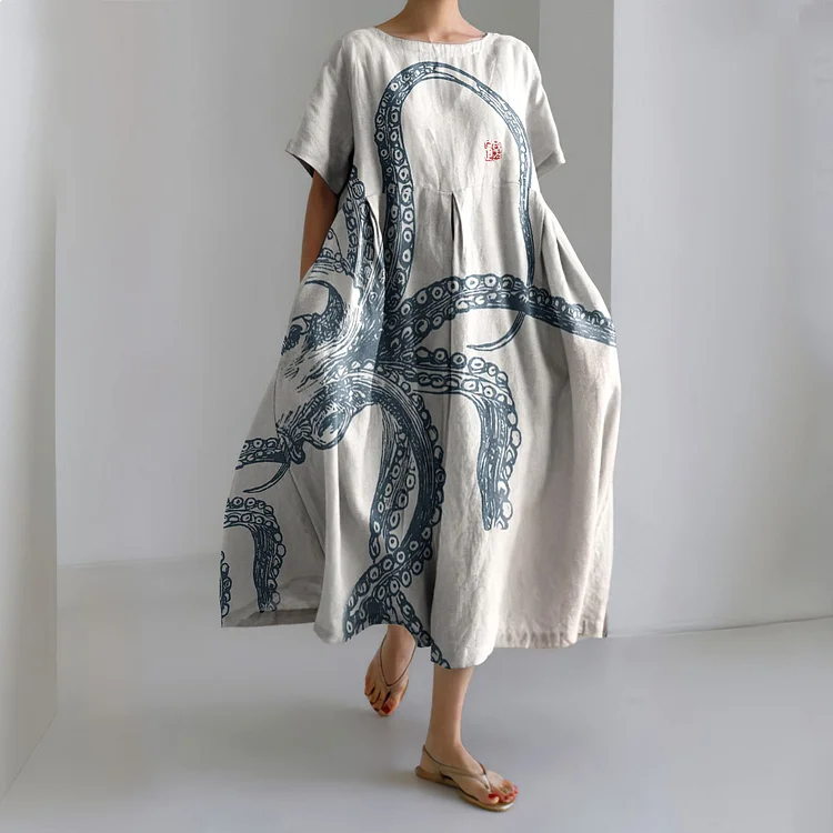 Japanese Art Octopus Print Casual Art Linen Blend Maxi Dress