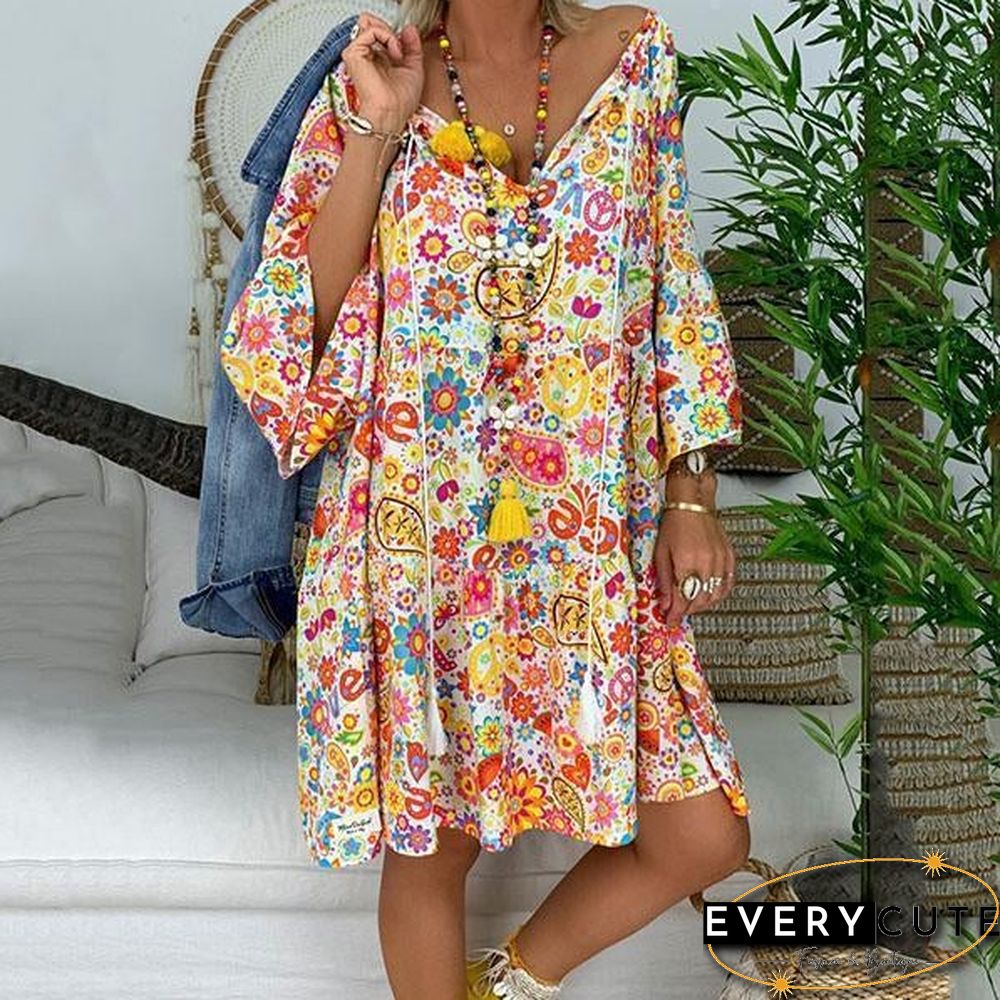Short Sleeve Printed V Neck Loose Dress
