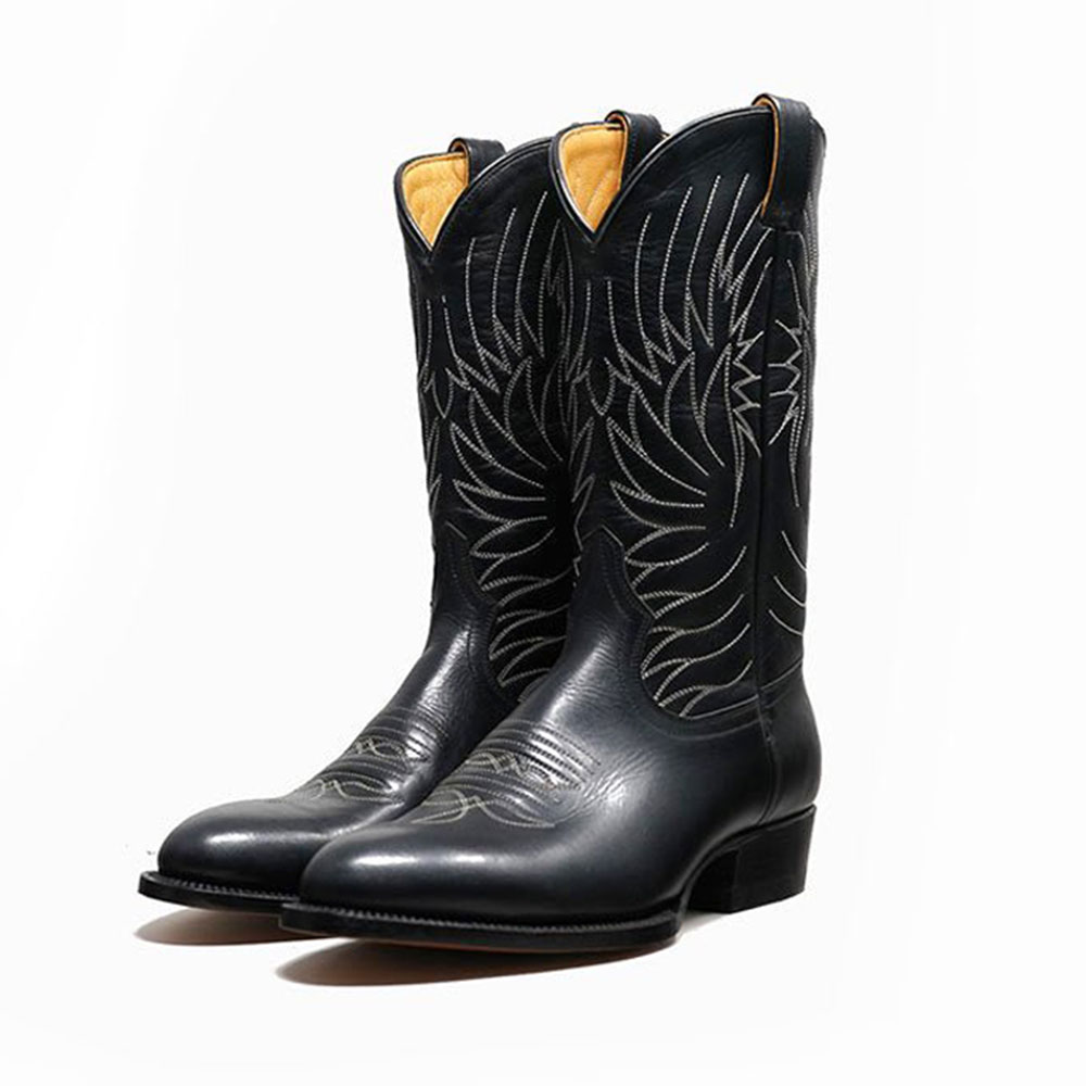 Black Almond Toe Low Heel Mid-Calf Cowgirl Boots with White Stitching Nicepairs
