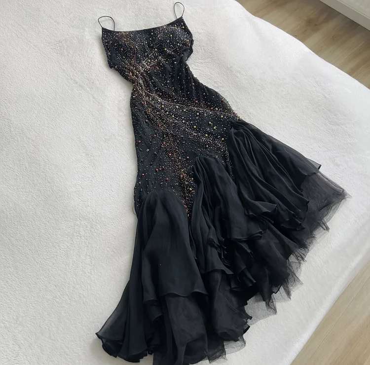 Black gorgeous fashion elegant exquisite beaded spaetti straps long chiffon Ruffles women's vast universe prom dress evening dress holiday party dress