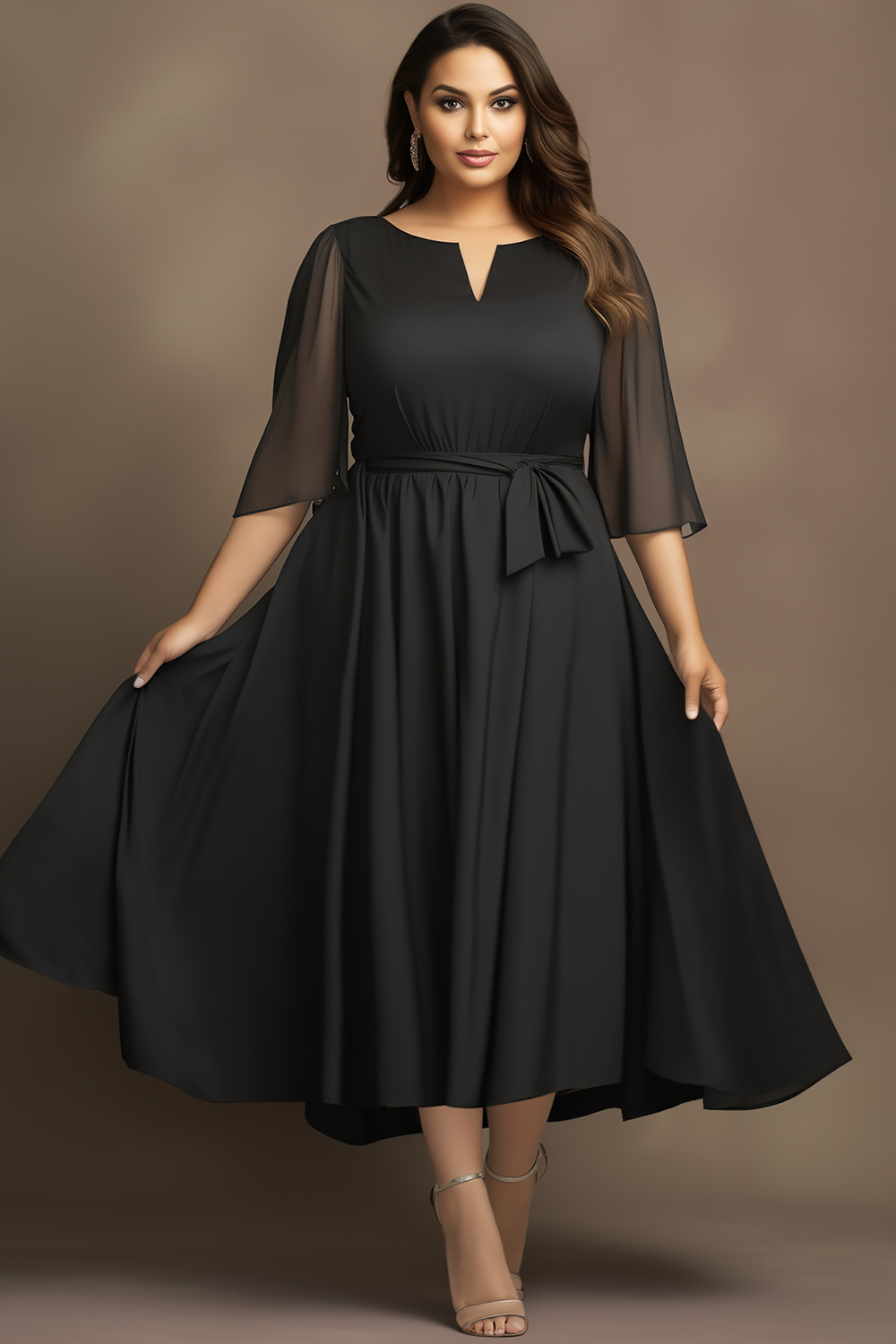 Flycurvy Plus Size Everyday Black Lace-Up Flutter Sleeve Tea-Length Dress 2024 - Flycurvy 