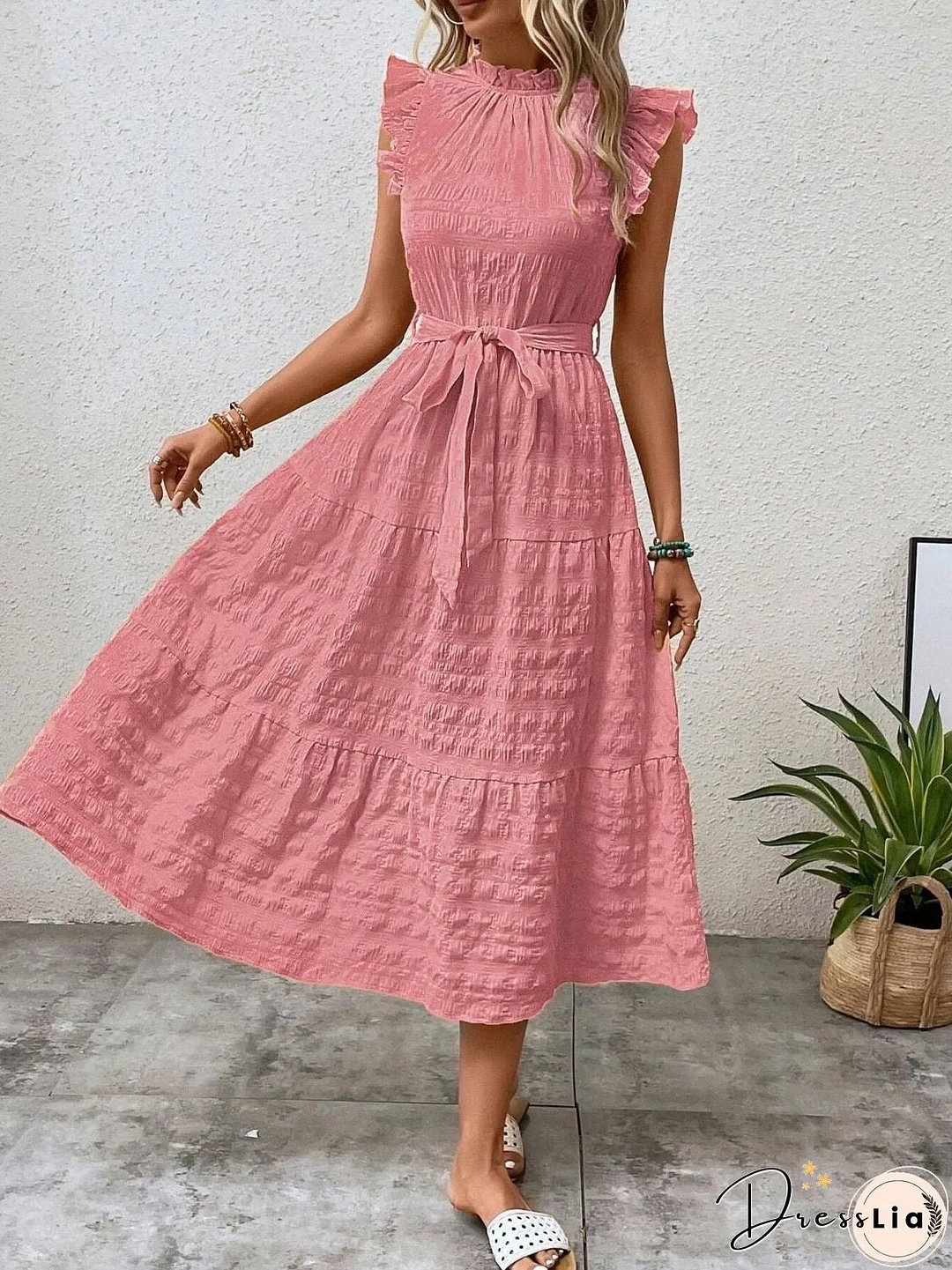 Tied Ruffled Cap Sleeve Midi Dress