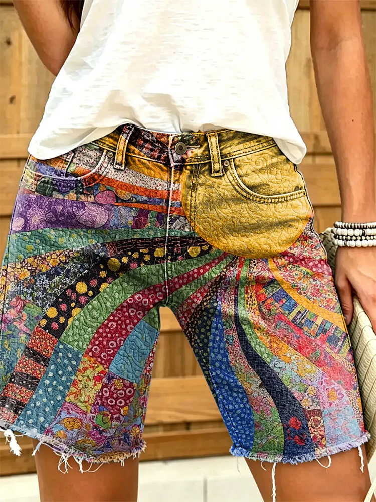 Women's Colorful Patchwork Print Frayed Hem Denim Shorts