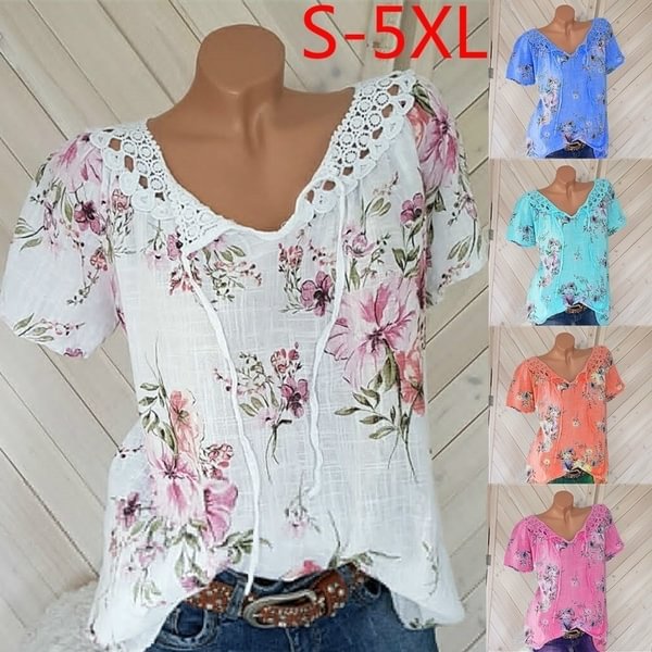 Plus Size Women Fashion Trendy Short Sleeve Lace Up Floral Print Blouses Tops & T-Shirts Casual Summer Lace Stitching Shirts - Shop Trendy Women's Clothing | LoverChic