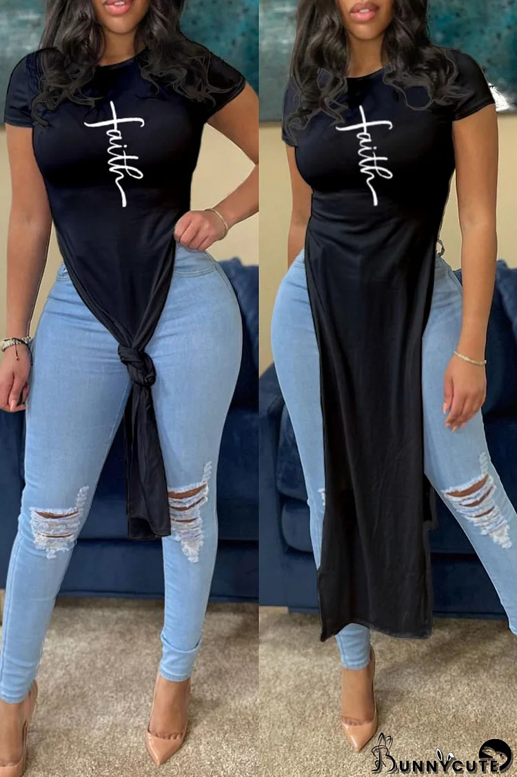 Black Fashion Casual Print Slit O Neck T-Shirts