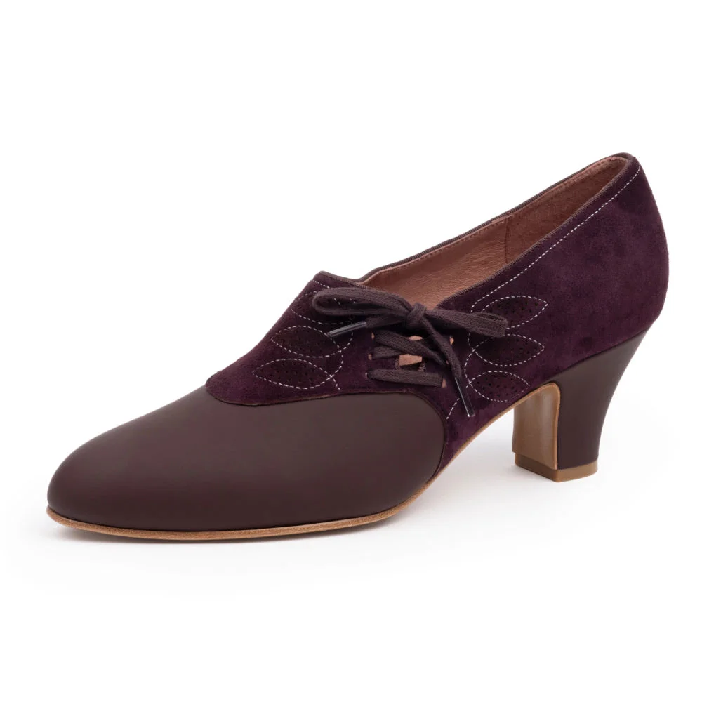 Purple Patchwork Side Lace Up Round Toe Chunky Heel Vintage Shoes