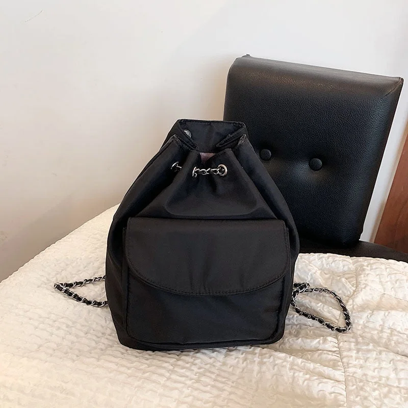 Kpop Nylon women Backpack Fashion chain Bucket Shoulder Bag small Travel female Backpacks bagpack Daypack black white Softback