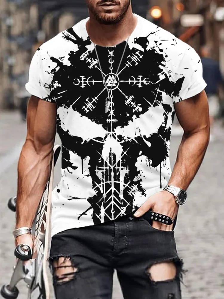 BrosWear Men's Viking Vegvisir & Skull Graphic Round Neck T Shirt