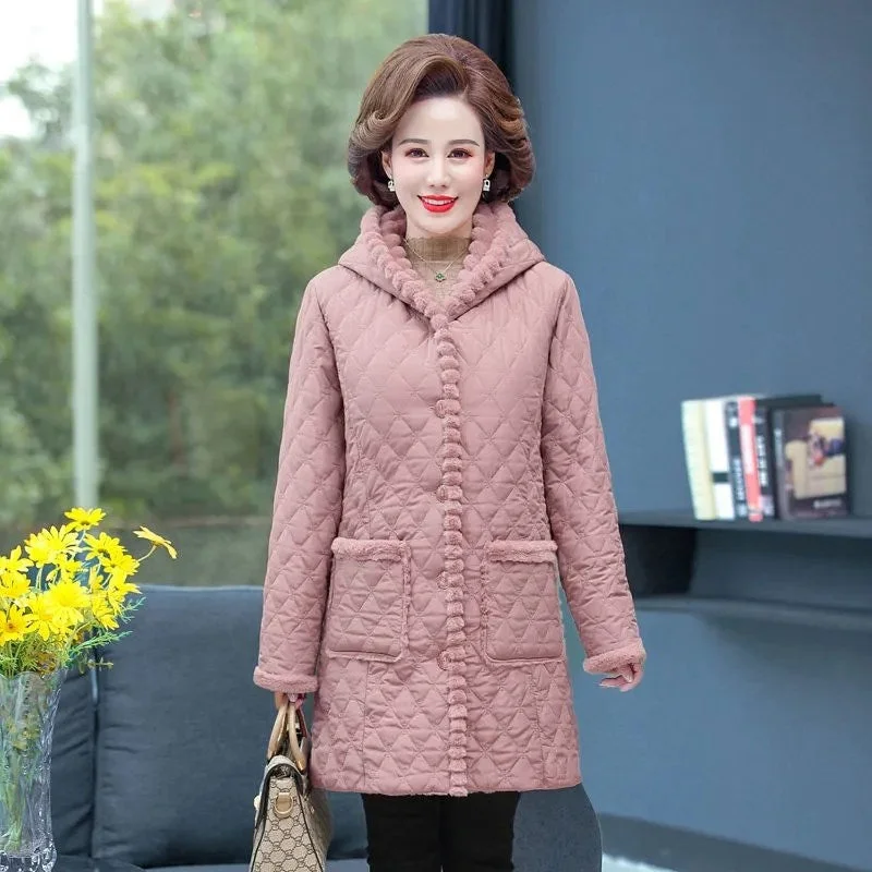 Winter Jacket Plus Velvet Padded Coat Middle-aged Women Stand-up Collar Plus Size Wadded Jackets Thick Warm Long Outwear KW506