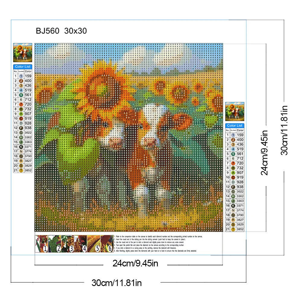 Diamond Painting - Full Round Drill - Sunflower Field Two Cows(Canvas|30*30cm)