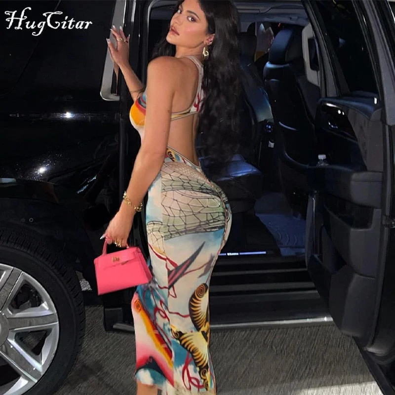 Hugcitar 2021 Sleeveless Hollow Out Straps Asymmetric Print Backless Ruched Sexy Maxi Dress Summer Women Streetwear Y2K