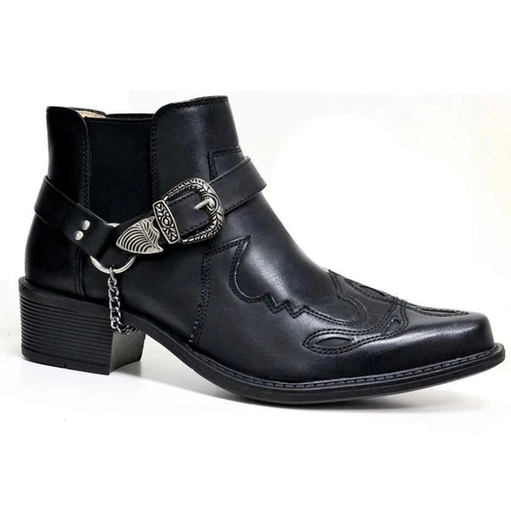 New Short Boots Fashion Personalized Belt Buckle Thick Heel Pointed Martin Boots Men's Boots