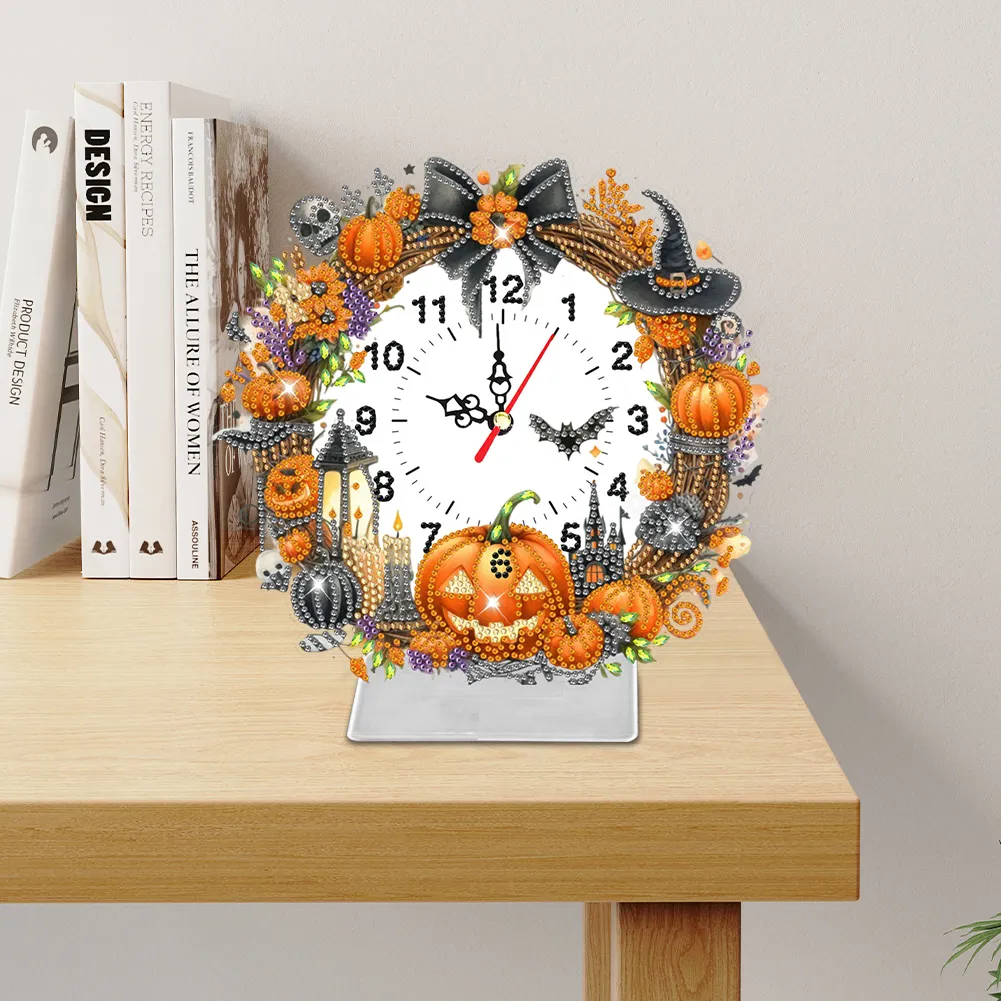 DIY Halloween Pumpkin Acrylic Special Shaped Diamond Painting Clock Desktop Decor