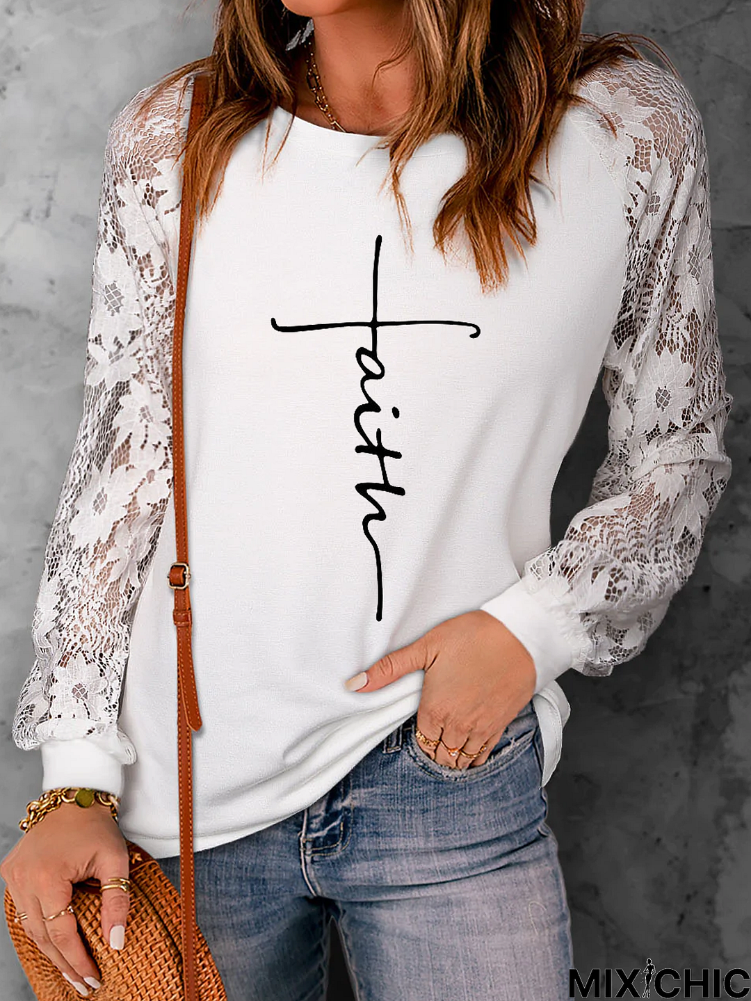 Faith Long Sleeve Lace Casual T-Shirt
