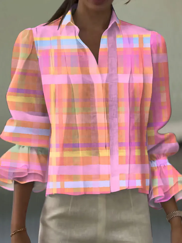 Women's  Vintage Abstract Plaid Art Print Casual  Cotton And Linen Shirt