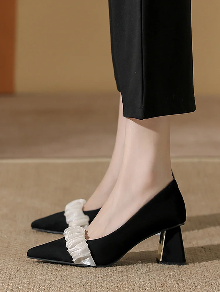 Elegant Lace Trim Pointy Toe Velvet Chunky Heels