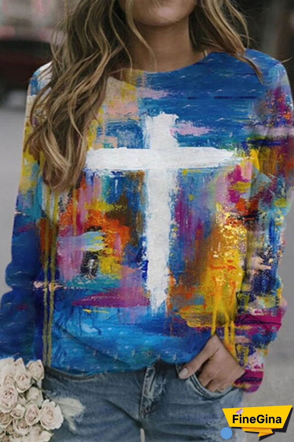 Abstract Cross Printed Casual Sweatshirt