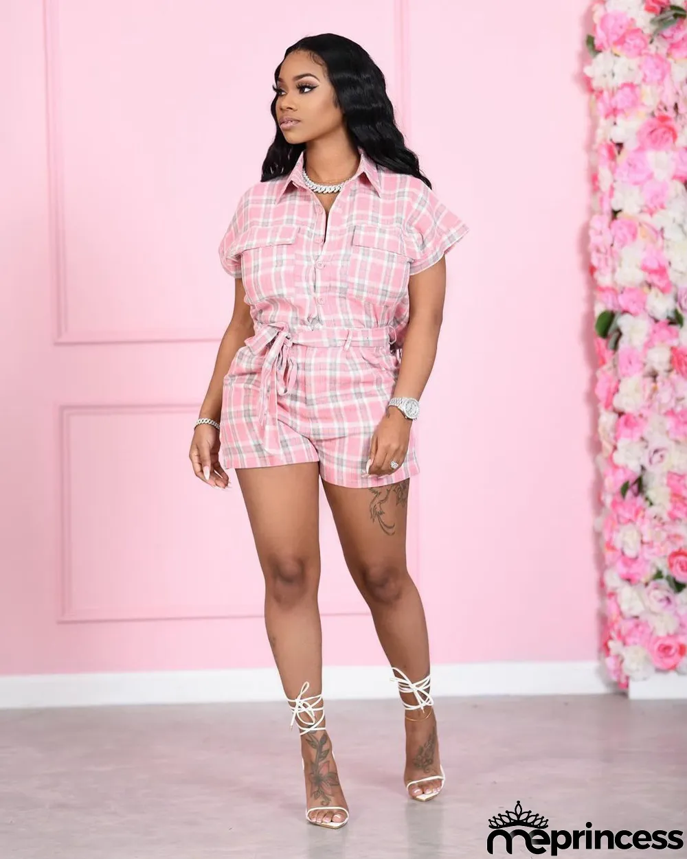 Fashion Check Print Belt Button Set