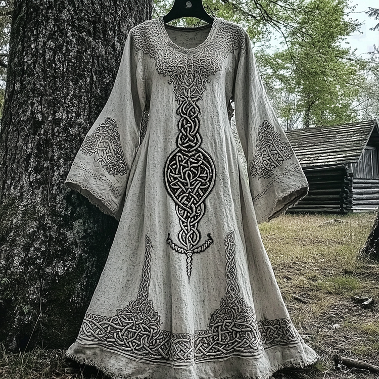 Vintage Viking Tree Of Life Cutout Linen Dress