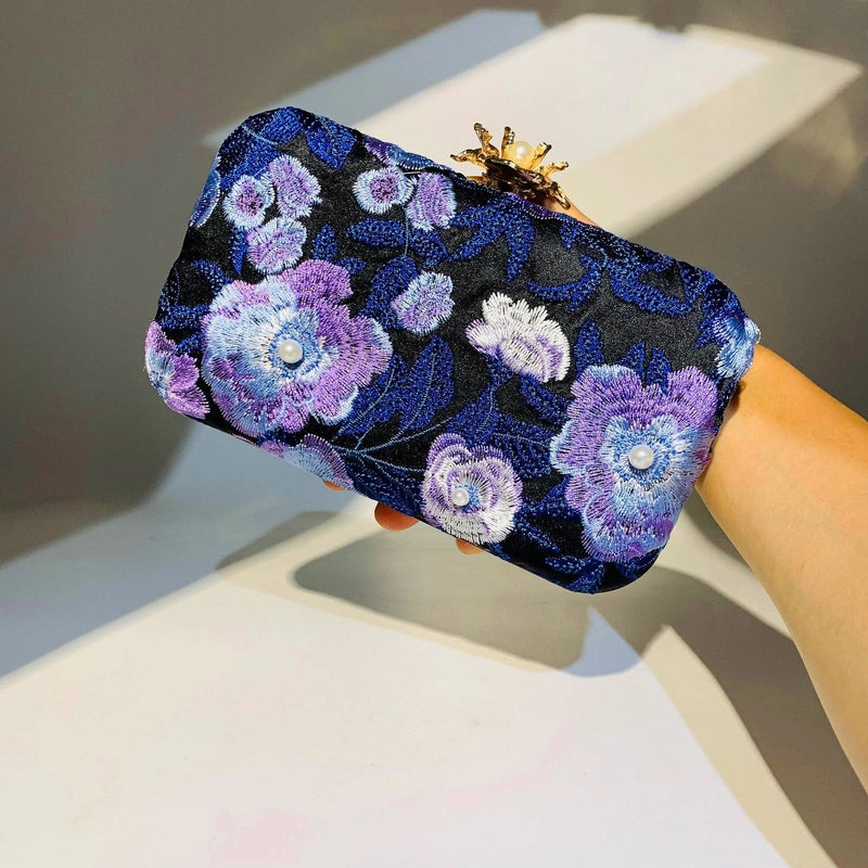 Polyester Flower Embroidery Square Evening Bags