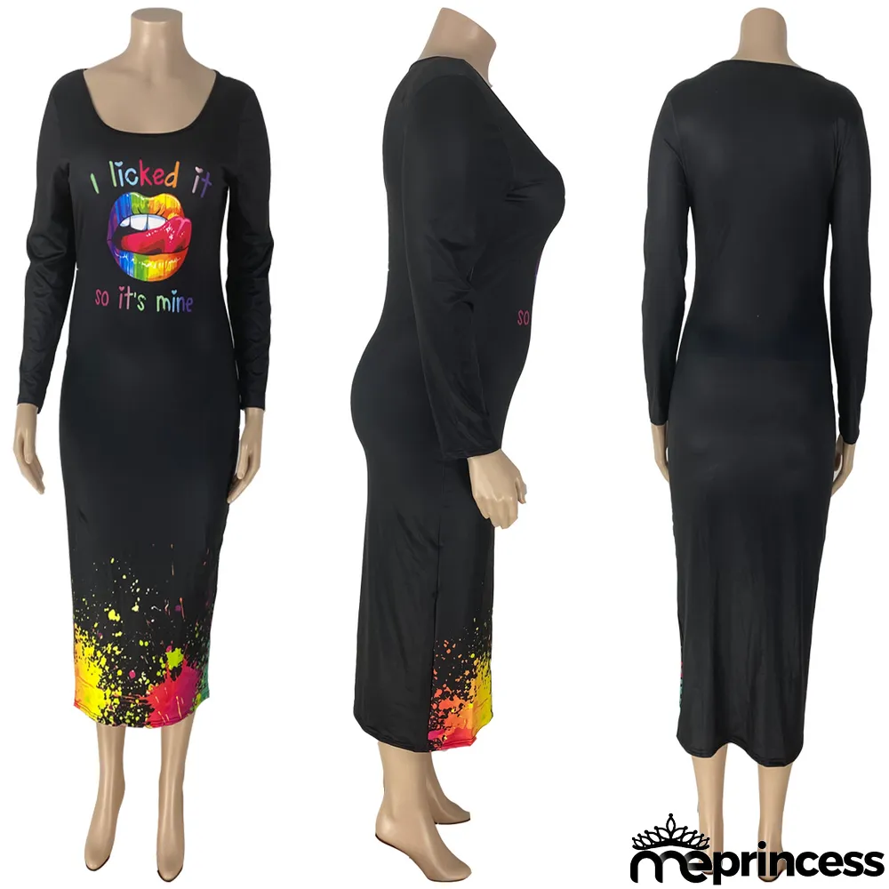 Plus Size Inkjet Lip Print Long Dress