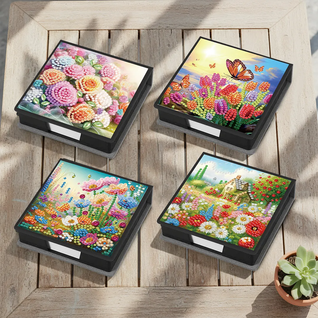 4Pcs Flower 5D DIY PU Diamond Painting Kit Office Note Box with 160 Sheets Paper