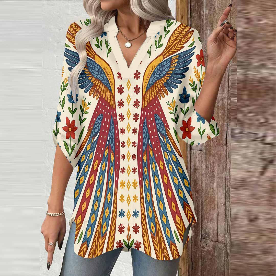 Women Flowers, Red, Blue DZGA0376 3/4 Sleeve V-neck Printed Graphic Button Tops