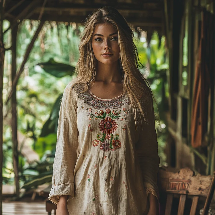 Utbros Vintage Tribal Floral Embroidery Art Linen Casual Shirt
