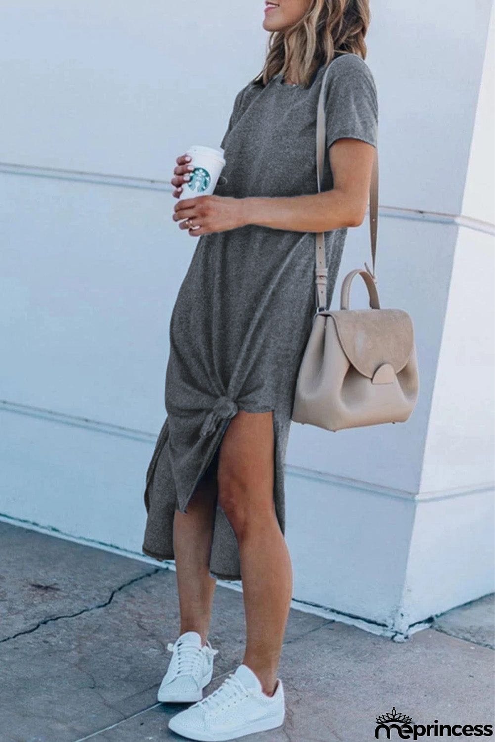 Casual Short Sleeve T-shirt Midi Dress with High Splits