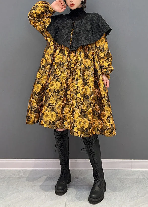 Original Design Yellow Turn-down Collar Jacquard Silk Dresses Spring