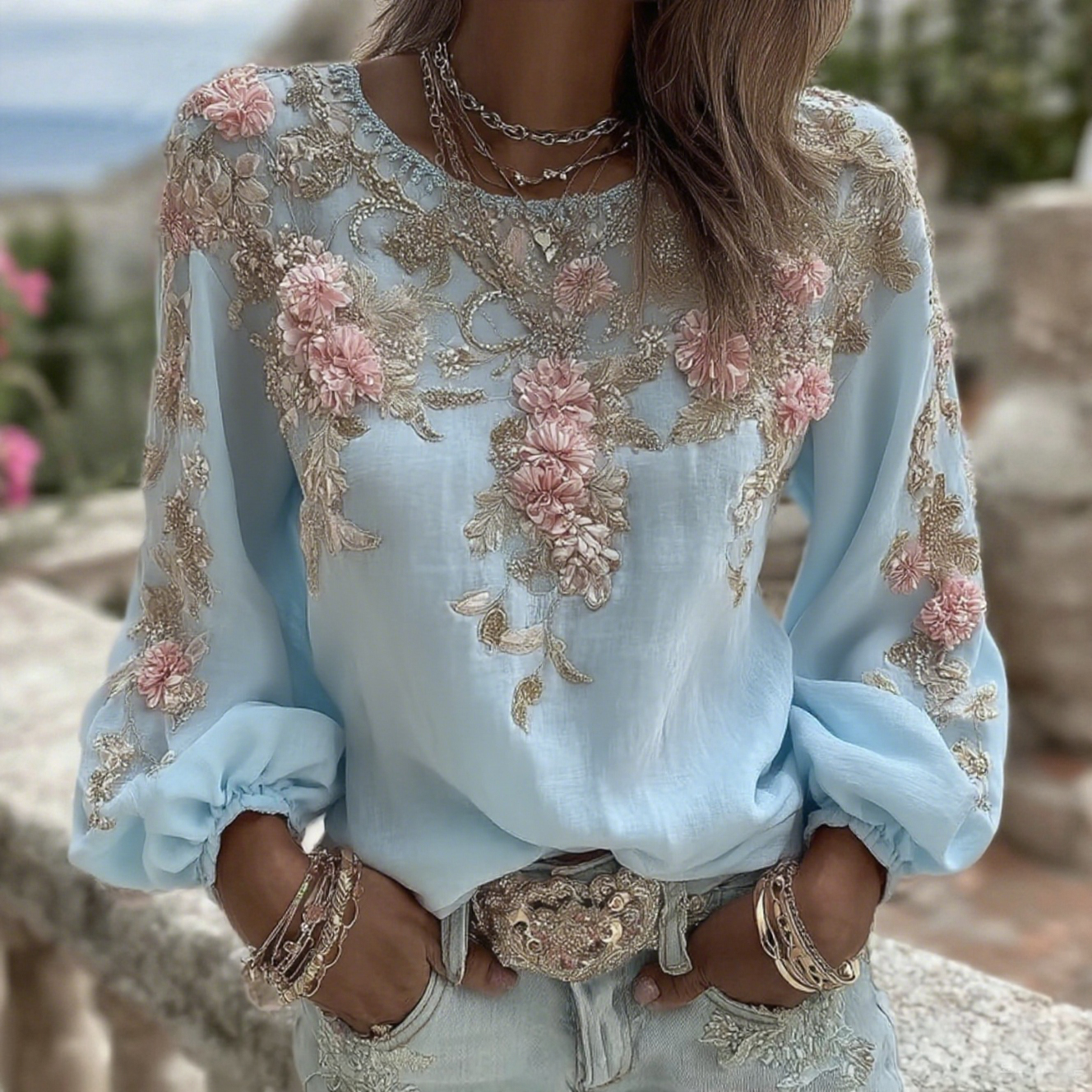 Women's Vintage Pink Rose Embroidery Art Round Neck Long Sleeve Linen Blend T-shirt artswardrobe