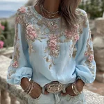 Women's Vintage Pink Rose Embroidery Art Round Neck Long Sleeve Linen Blend T-shirt - Image 5